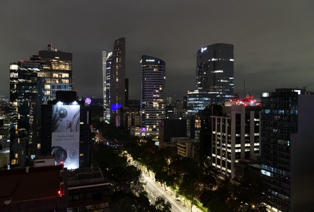 View of the bright city lights from the roof of the British Embassy